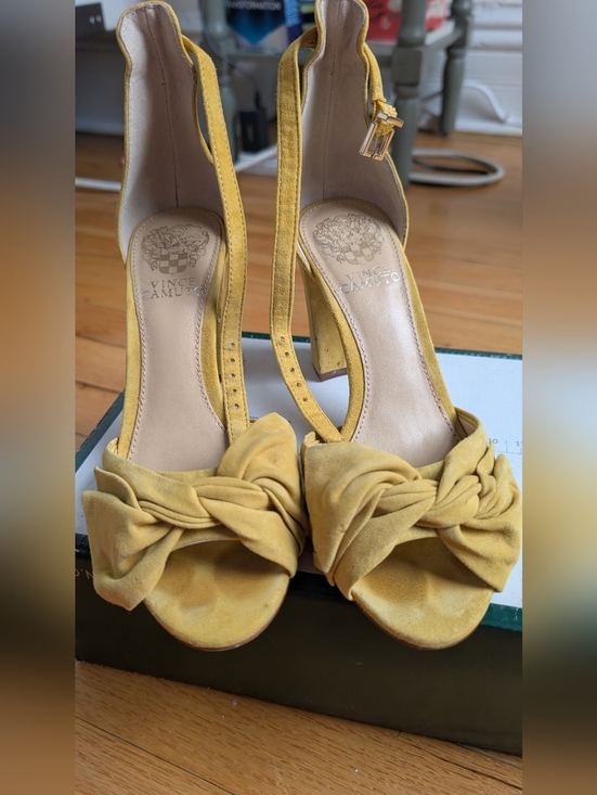 Vince Camuto Shoes - Vince Camuto Mustard Suede Knotted Open-Toe Ankle Strap Heels